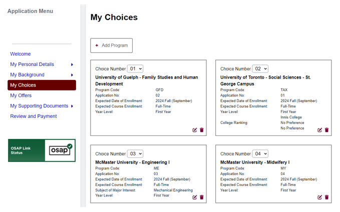 screenshot of My Choices page
