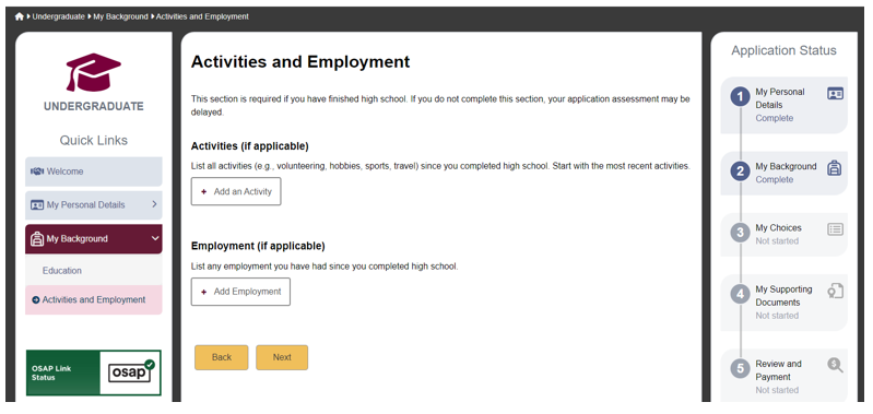 New Undergraduate Application Activities and Employment page