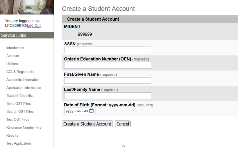 La page Créer un compte d’élève dans COLS.